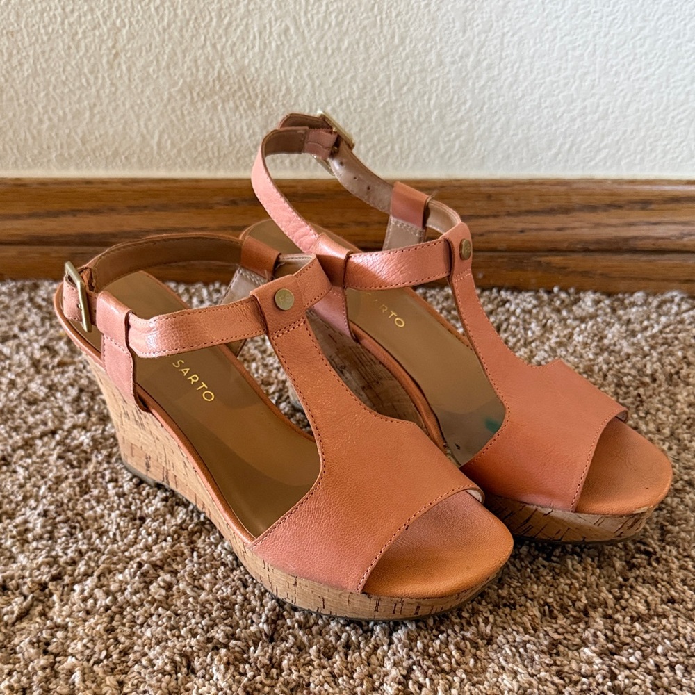 SARTO By Franco Sarto Coral Peach T-Strap Cork Wedge Sandals